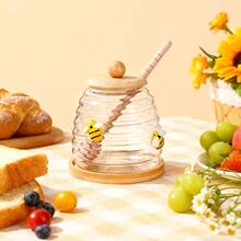 1pc 10/14/17oz Glass Honey Jar With Bee Pattern, Glass Cup With 1 Wooden Stick, 1 Wooden Lid, 1 Wooden Bottom, Transparent Honey Storage Container, Bee Decor, Suitable For Syrup Storage, Home, Wedding, Party, Kitchen - Multicolor - View 2