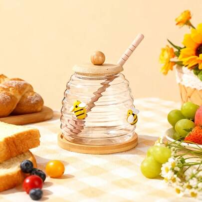 1 pieza Tarro de miel de vidrio de 10/14/17 onzas con abejas, taza de vidrio con 1 palito de madera, 1 tapa de madera, 1 base de madera, recipiente transparente para almacenar miel, decoración de abeja adecuada para almacenar jarabe, hogar, boda, fiesta, utensilios de cocina