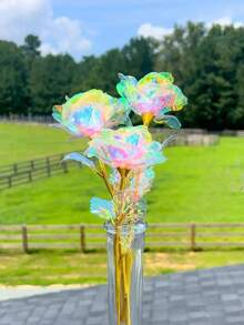 12Pcs/6Pcs/1Pc Artificial Flower, Rose Artificial Flower, PVC Artificial Flower With Stem, White Plastic Flower Faux Flower, Romantic Holographic Flower Decor Home Decoration And Party, Home Decoration, Wedding Gift, Birthday Gift, Anniversary Gift, Artificial Flower Arrangement - Multicolor - View 5