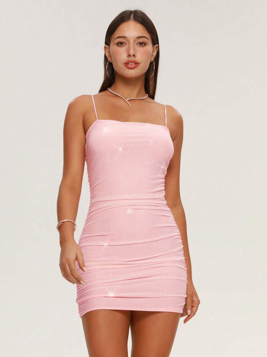 XLLAIS 圣诞褶皱侧边亮片吊带粉色亮片连衣裙派对女装狂欢装