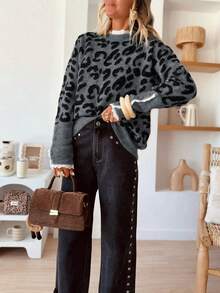 女士休闲秋冬圆领蕾丝拼接豹纹针织衫，袖口纽扣设计，日常通勤百搭套头衫，商务休闲女装，外出上衣，商务休闲，白色蕾丝边毛衣 - 灰色 - 查看 3