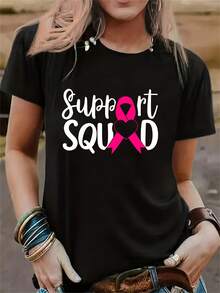 Camiseta Estampada Con Letras, Top Casual De Cuello Redondo Y Manga Corta Para Primavera Y Verano, Ropa De Mujer - Oscuro - Ver 1