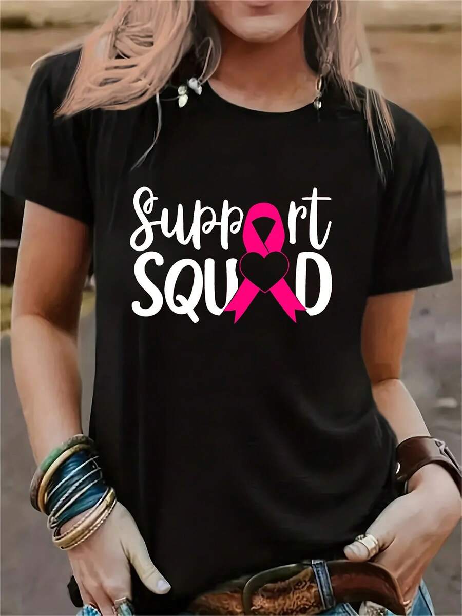 Camiseta Estampada Con Letras, Top Casual De Cuello Redondo Y Manga Corta Para Primavera Y Verano, Ropa De Mujer - Oscuro - Ver 1