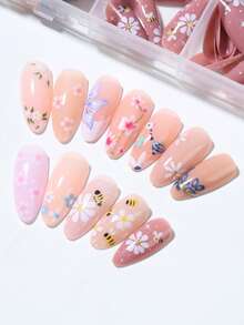 288片/盒（12种不同款式）杏仁形美甲贴纸，亮面花卉图案和纯色，法式美甲设计，压敏杏仁形美甲贴纸，完美贴合，亚克力假指甲套装包含4瓶果冻凝胶指甲油和2把指甲锉，适合女性和女孩日常及派对美甲用品。 - 彩色 - 查看 3