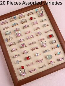 20Pcs/Set Fashion Elegant Pink Rhinestone Girl Rings Set Irregular Design Rabbit Bow Mixed Style Jewelry Daily Party Friends Gifts Accessories