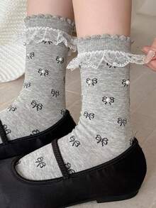 1双洛丽塔风格女士蕾丝边中筒袜，百搭公主/少女串珠荷叶边袜 - 彩色 - 查看 5