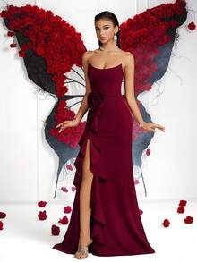 Women's Elegant Solid Color Tube Top High Waist Lotus Leaf Three-Dimensional Flower High Slit Backless Lace-Up Floor-Length Prom Party Dress For Prom Gown Wedding Guest Dancy Party Homecoming Date Night Formal Dinner Birthday Party Festival Party Family Party