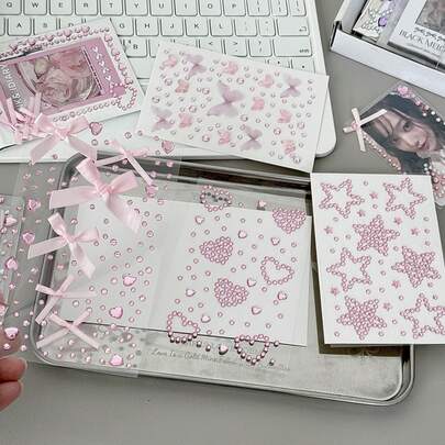 8 stijlen groothandel schattige mini vlinder, hart, stervormige strass stickers, geschikt voor het decoreren van plakboeken, notitieboekjes, telefoonhoesjes, gezichten, sterke kleefkracht, roze en blauw kleurenschema