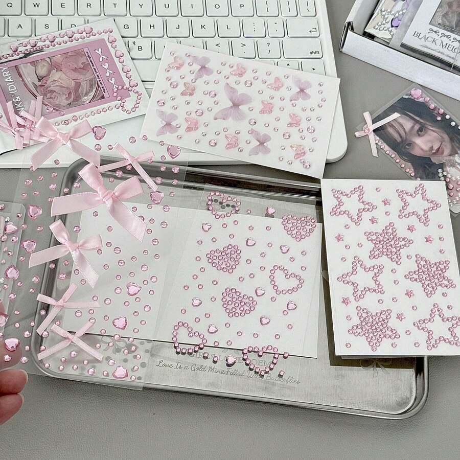 8 Styles Wholesale Cute Mini Butterfly, Heart, Star Shaped Rhinestone Stickers, Suitable For Decorating Scrapbooks, Notebooks, Phone Cases, Face, Strong Adhesiveness, Pink & Blue Color Scheme - Multicolor - View 1