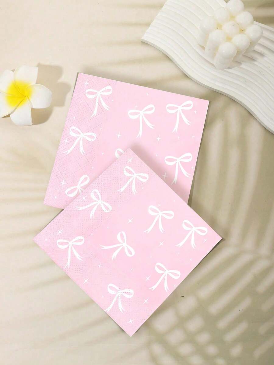 48张13英寸 x 13英寸粉色蝴蝶结餐巾纸 - 甜美白色蝴蝶结+闪亮星星印花，纸质，可爱风格，适合生日派对、闺蜜聚会、下午茶等主题活动以及日常使用。 - 彩色 - 查看 1