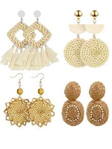 Rattan Earring Set For Women Summer Rattan Hoop Wicker Straw Earrings Handmade Beach Jewelry Woven Round Drop Dangle Earrings - Multicolor - View 11