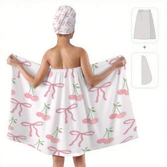 1/2pcs Valentine's Day, Couples And Wedding Polka Dot Bow Bathrobe, Sweet Girl Style, Bath Towel, Beauty SPA Towel. The Bathrobe Is In The Shape Of A Strapless Dress, With A Soft Bathrobe. The Front Of The Dress Is Decorated With A 3D Pink Bow, With An Overall Pink And Eye-Catching Tone. Bath Towel And Hair Dryer Cap Set - Cute Pink Ultra-Fine Fiber Bath Towel, Adjustable Strap - Quick-Drying, Suitable For Spa, Dorm, Beach And Other Occasions, A Great Gift For Her.