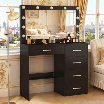 Tocador moderno de 5 cajones, escritorio grande de maquillaje, mueble de dormitorio de madera - Perfecto para organizar maquillaje, cuidado de la piel, tocador elegante | Tocador decorativo, mueble de tocador, compacto para espacios pequeños, regalo de decoración de dormitorio, regalo perfecto para mujeres y niñasv