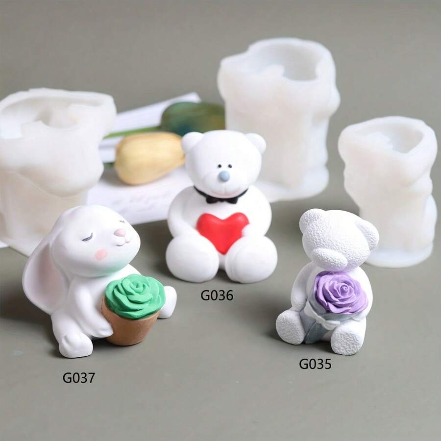 兔子花朵蜡烛模具，3D卡通DIY爱心熊翻糖蛋糕石膏装饰硅胶模具 - 白色 - 查看 1