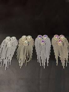 欧美大号水滴流苏钻石花朵钻石纽扣DIY西装晚礼服肩部和胸前别针爪链饰品配件，跨境批发水晶肩链流苏肩章配饰晚礼服配饰舞台服装DIY饰品 - 金色-白鑽 - 查看 4