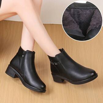 1 par de botas de tobillo de moda cómodas y cálidas con tacón cuadrado, cremallera lateral y lazo para mujeres