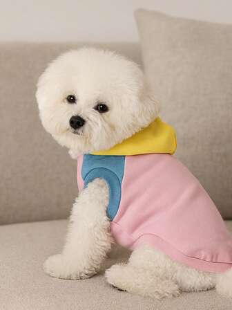 holdhoney 1 Piece Cute & Vibrant Pet Outfit, Soft Blend Material Dog Hooded Vest, Fashion-Forward Color-Block Design With Pink, Yellow & Blue Contrast Pattern, Adorable Hooded Detail & Elastic Edges For Snug Fit, Warm & Breathable Function To Keep Small Dogs Like Bichon Frisé Cozy, Perfect Sleeveless Pullover For Pets