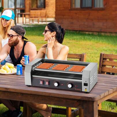 Hot Dog Roller, 12 Hot Dog 5 Rollers, Stainless Steel Sausage Grill Cooker, 750W Hot Dog Machine With Dual Temp Control, Removable Oil Drip Tray, For Party Home Commercial