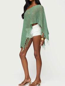 Womens Batwing Sleeve Asymmetrical Sparkly Glitter Poncho Top Crochet Hollow Out See Through Shrug Shawl Summer Beach Cover Ups With Tassel - màu xanh lá - Xem 4