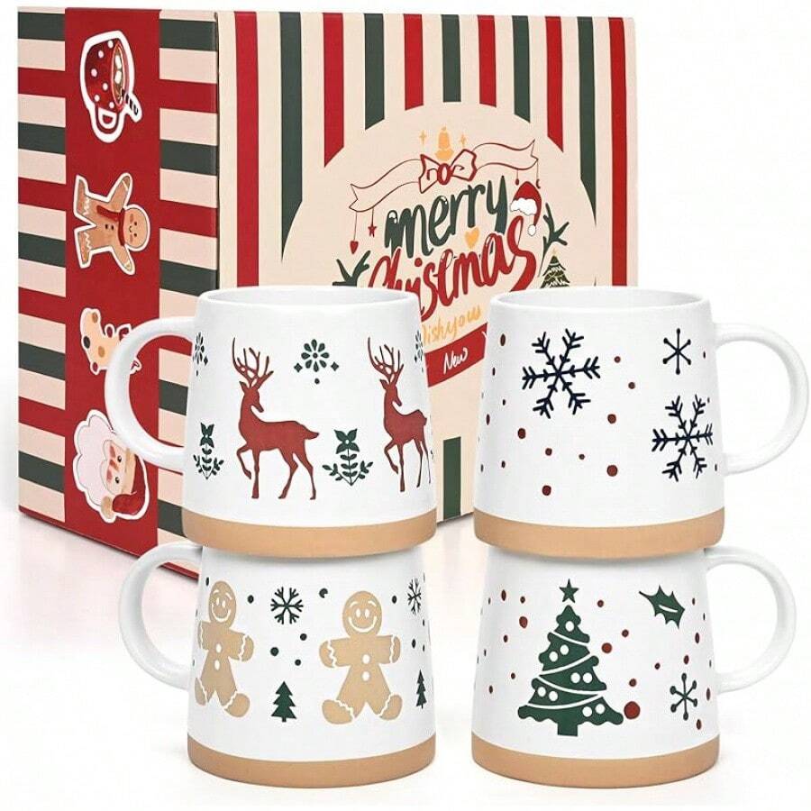 Maustic Christmas Mugs Set Of 4, Holiday Coffee Mugs With Festive Christmas Themed Design, Hot Chocolate Hot Cocoa Cups, Family Gifts, 14 OzHalloween Christmas New Year - White - View 1