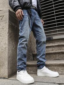 Men's Light Wash Loose Fit Wide Leg Jeans, Long Versatile Streetwear Y2K Style Denim Pants, Suitable Gift For Boyfriend Or Husband - Blue - View 8