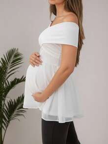 Maternity Off-Shoulder Ruffle Hem Blouse Elegant White Short Sleeve Flare Hem Blouse - White - View 2