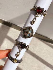 4件套哥特复古独特时尚精致心形恶魔水晶太阳戒指套装，女士日常佩戴、街头、节日、派对饰品 - 彩色 - 查看 3