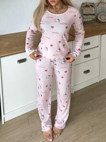 Sanrio 2pcs Hello Kitty Valentine's Day Women Printed Crew Neck Long Sleeve Top + Elastic Waist Pants Pajama Sleepwear Set