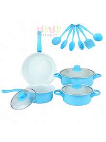 Juego de utensilios de cocina multifuncionales de 13 piezas, sartén antiadherente de cerámica saludable de agarre suave, juego de ollas de cocina de 13 piezas, juego para el hogar con tapa de vidrio templado, revestimiento antiadherente, conducción eficiente del calor, resistente y duradero, excelente sensación, variedad de ollas Los tipos satisfacen las necesidades diarias (azul, morado, rosa) - Azul - Ver 13