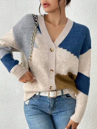 Cárdigan regular de punto acanalado con cuello en V y manga larga con botones para mujer