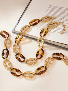 1 Set de joyería vintage con estampado de leopardo, que incluye pulsera de acero inoxidable con nariz de cerdo de resina, aretes y collar, un diseño único - Dorado - Ver 7