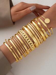 17KM Conjunto de 15/10/8/4 pulseiras estilo moeda vintage simples e elegante, douradas, com fecho aberto, design geométrico e espiral suave. Pulseiras brilhantes para usar em conjunto, perfeitas para o dia a dia, festas, casamentos e como presente de Natal.