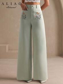 Aliao thêu tinh xảo với họa tiết hoa thời Phục Hưng Fairycore, quần ống đứng màu xanh bạc hà có hai túi, quần cạp cao Bohemia, trang phục Nashville & Concert & Ibiza, trang phục lễ hội Rave, trang phục nghỉ dưỡng cho nữ, trang phục Rave, Eid AI-Adha, Eid Adha Mubarak - Màu xanh Bạc hà - Xem 1