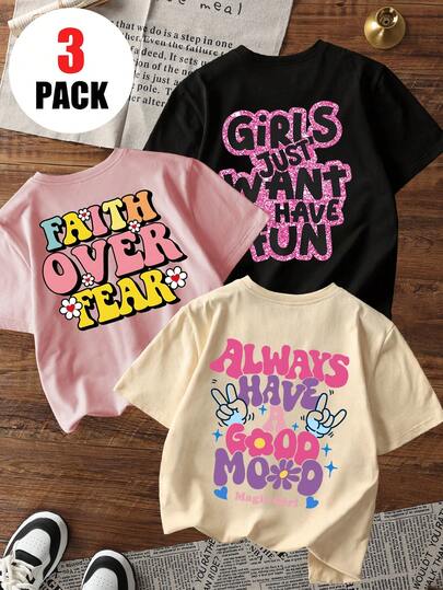 3 件套女童休闲印花圆领短袖 T 恤，夏季学生年轻服装 - 彩色 T 恤为每个孩子带来欢乐和幸福！