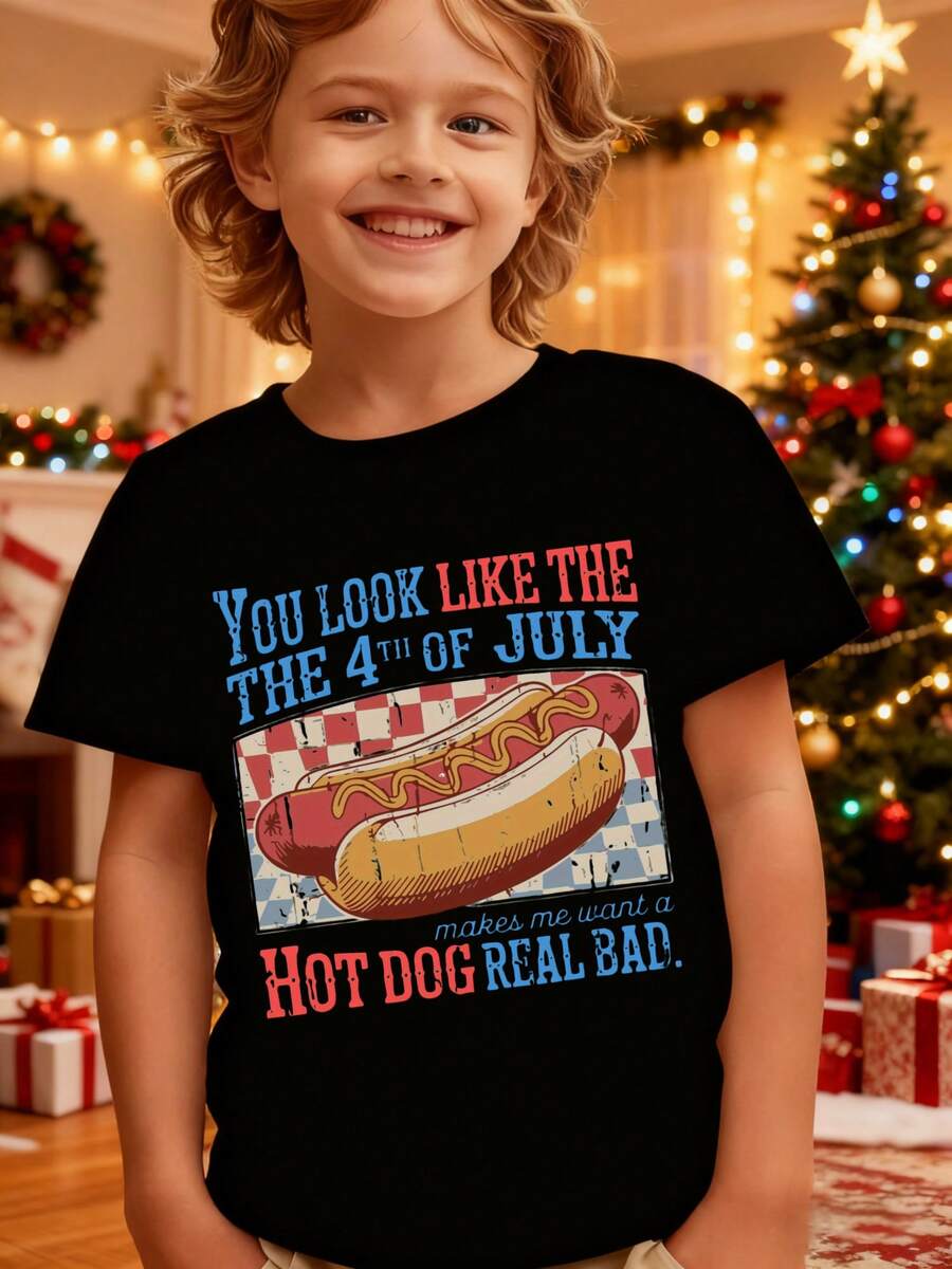 100% algodón puro para niños T-short Tienes pinta de que el 4 de julio te hace desear un hot dog de verdad Adecuado para niños y niñas - Negro - Ver 1
