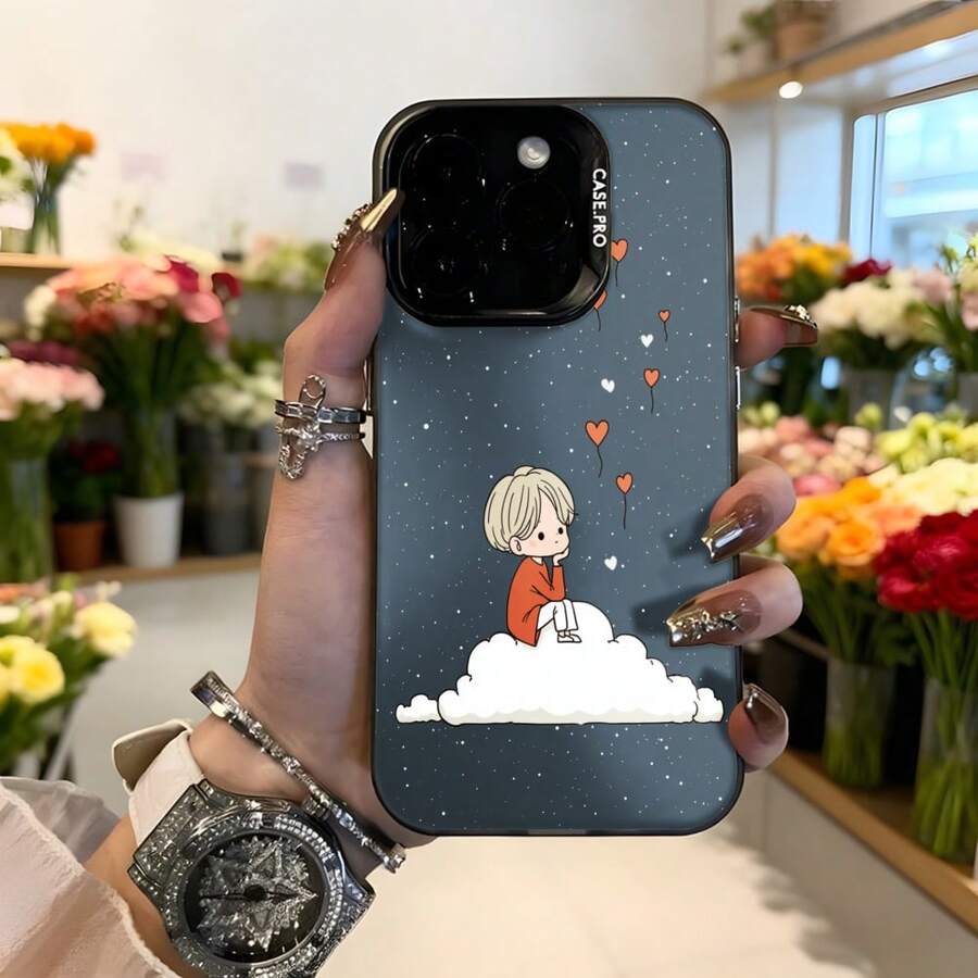 Funda para telefono con diseño de dibujos animados color gris oscuro con estampado de niña sentada en nube y corazones flotantes ideal para uso diario y regalos Aplicable a los teléfonos de la serie Apple y Galaxy - Negro - Ver 1