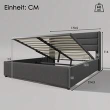 Storage Bed, Upholstered Bed, Hydraulic Double Bed 160x200cm, Wooden Slatted Base, Bed With Metal Slatted Base, Linen, Grey