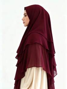 1 Khăn trùm đầu bằng vải voan Khimar bất đối xứng 3 lớp dành cho phụ nữ Hồi giáo, màu trơn, thời trang, thanh lịch, thích hợp để mặc hàng ngày và cầu nguyện cho người Hồi giáo - Màu Đỏ Sâu - Xem 3