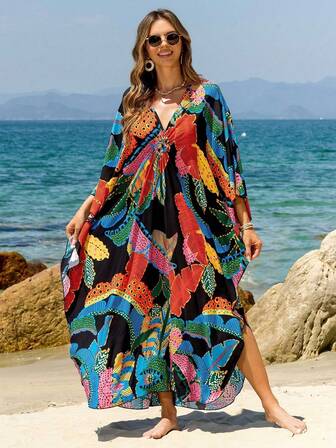 Sukienka w stylu arabskim z dekoltem w serek i krótkim rękawem w stylu nietoperza, z wyrazistym tropikalnym nadrukiem, elegancka, dla kobiet