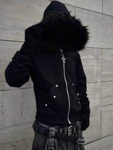 Alphabet Printed Hot Diamond Hooded Sweater Autumn/Winter Vintage High Street Hip Hop Loose Zip Jacket - 黑色(無印刷) - 查看 2