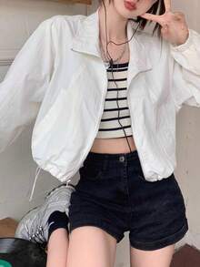 Chaqueta con cuello alto y protección solar para mujer Chaqueta deportiva corta de manga larga con cremallera y cordón ajustable para el verano Chaqueta corta y ligera para mujer Prenda exterior versátil, transpirable y con protección UV para el verano, recién llegada Prenda con cuello alto y protección solar - Blanco - Ver 2