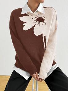 Áo len dệt kim cổ tròn Jacquard màu tương phản cỡ lớn - Màu nâu - Xem 6