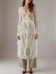 Women Lace Mesh Flowy Maxi Top Tie Front Kimono Cardigan Sheer Long Sleeve Ruffled Duster Layering Shirt Cover Up - 白色 - 查看 1