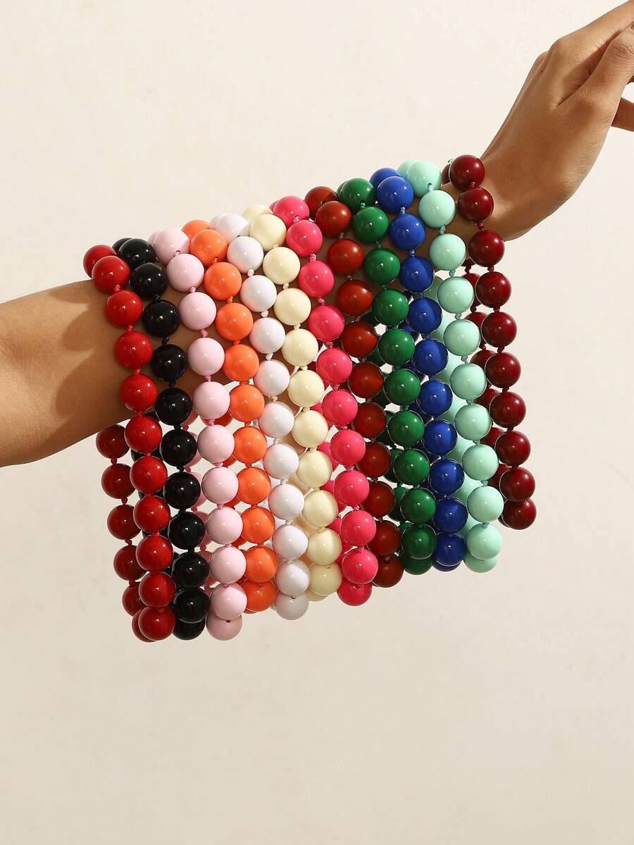 1pc Bohemian Style Round Geometric Plastic Acrylic Beaded Rope Knotted Necklace, Handmade Jewelry Gift For Women, Everyday Wear - Multicolor - View 1