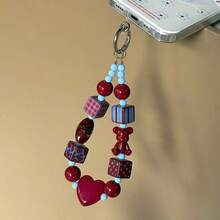 1pc Autumn/Winter Korean Style Ins Square Red & Blue Contrast Geometric Star Phone Lanyard, Cute Bear Pendant Charm Compatible With Android And Most Smartphone,Gifts For Mother, Family, Friends, Birthday, Holiday Phone Chain - Wine Red Bear - View 5