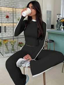 Women's Fashionable Cropped Long Sleeve Top And Slim Fit Flare Pants Sports Suit, Spring/Summer - Dark Gray - View 4