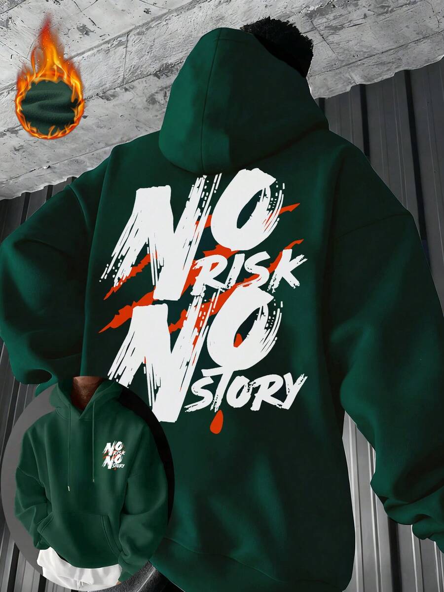 Zrgoth 男士連帽衫 秋冬新款美式街頭風 個性化標語短句「NO RISK NO STORY」印花保暖內裡連帽運動衫