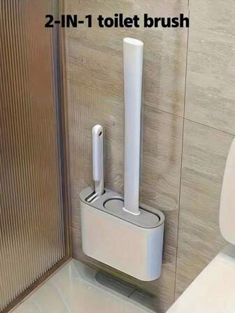 1 Pieza Juego de cepillo de baño 2 en 1 con soporte, cepillo de limpieza de silicona, cepillo de inodoro montado en la pared con caja de almacenamiento, cabezal de cepillo suave de silicona, cepillo de inodoro de mango largo, cepillo multiusos para el hogar, combinación de cepillo de limpieza de inodoro montado en la pared, adecuado para baño, inodoro
