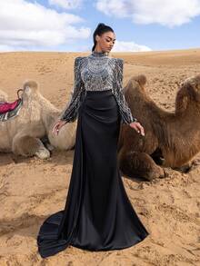 Faeriesty 女士优雅高领曳地长裙 – 薄纱泡泡袖饰以串珠亮片，缎面鱼尾裙摆，适合约会之夜、正式晚宴、情人节、城市漫步、派对、婚礼等场合，春季皆宜。 - 黑與白 - 查看 4