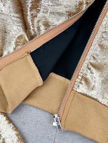 Fashionable Christmas Women's Retro Metallic Luster Polyester Bomber Jacket, Long Sleeve Baseball Collar, Zipper Design And Contrast Trim, Showcasing Elegant Feminine Outerwear - Gold - View 9